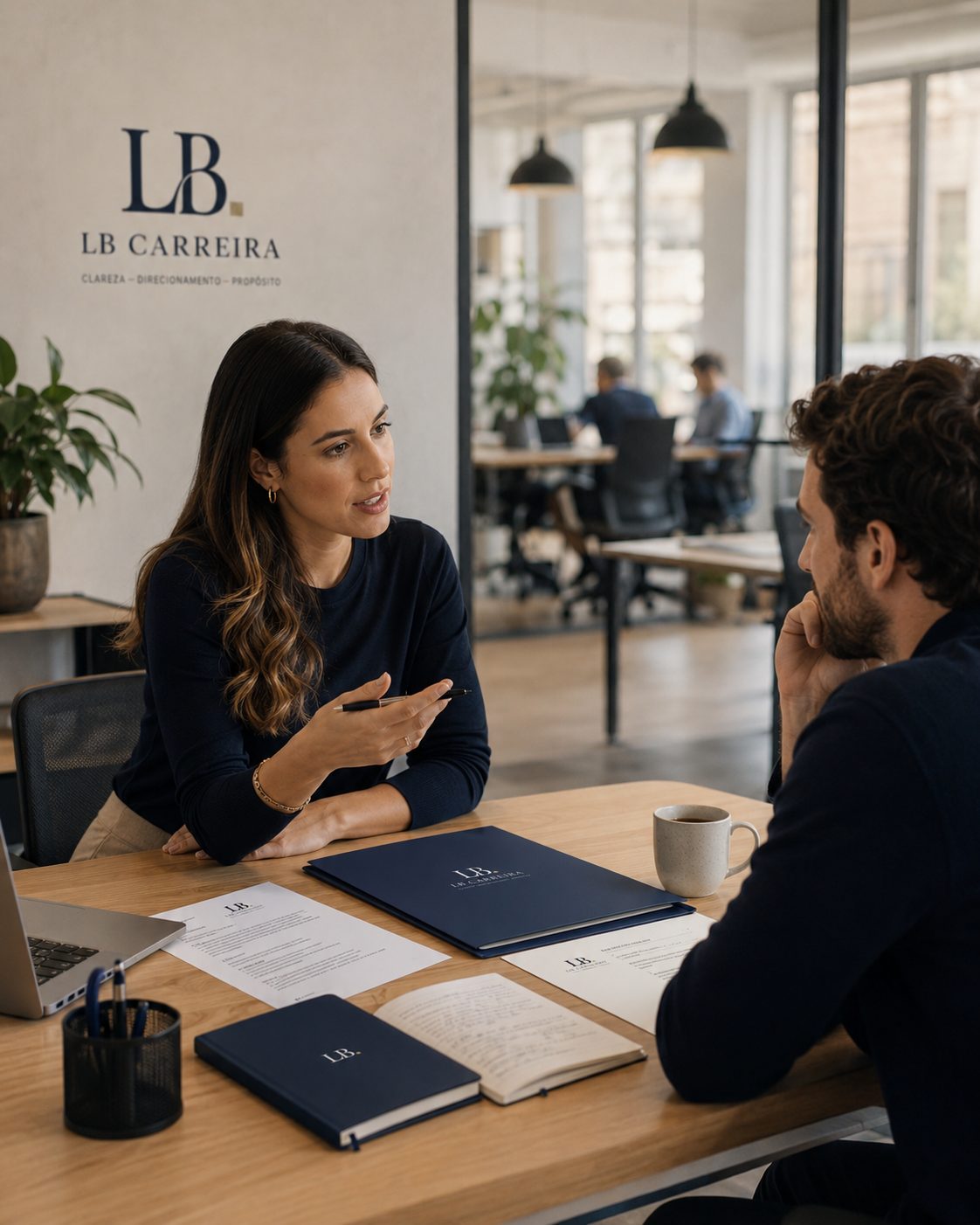 Consultora em conversa profissional com cliente em ambiente de trabalho