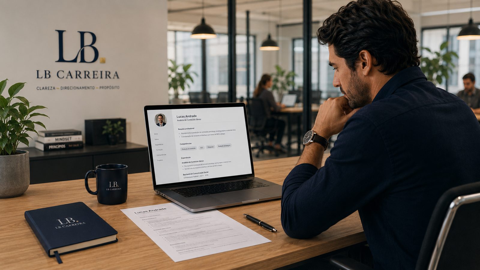 Profissional revisa posicionamento no LinkedIn